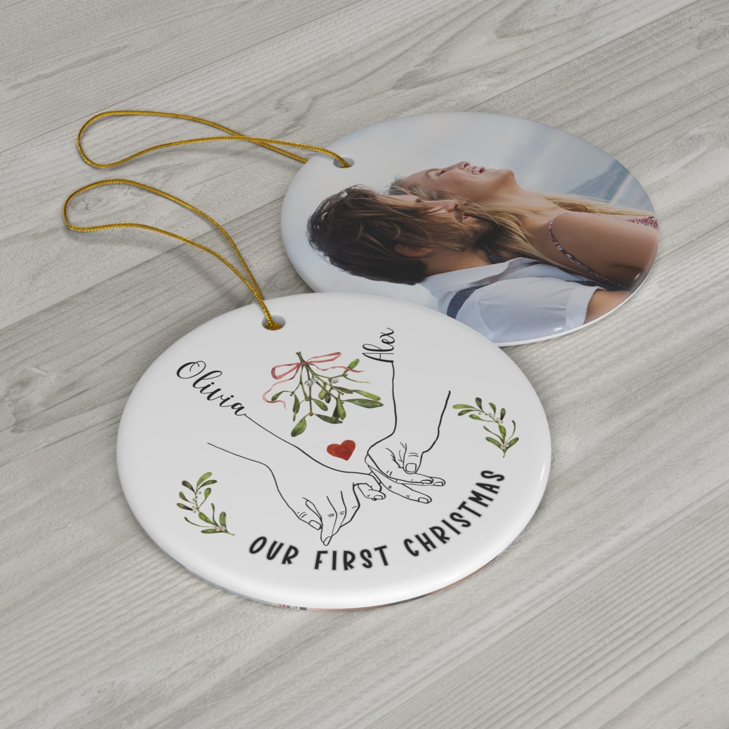 Two-Sided Love Ornament - Married, Engaged, Dating Couple Christmas Gift with Pinky Promise & Personal Photo, Ceramic