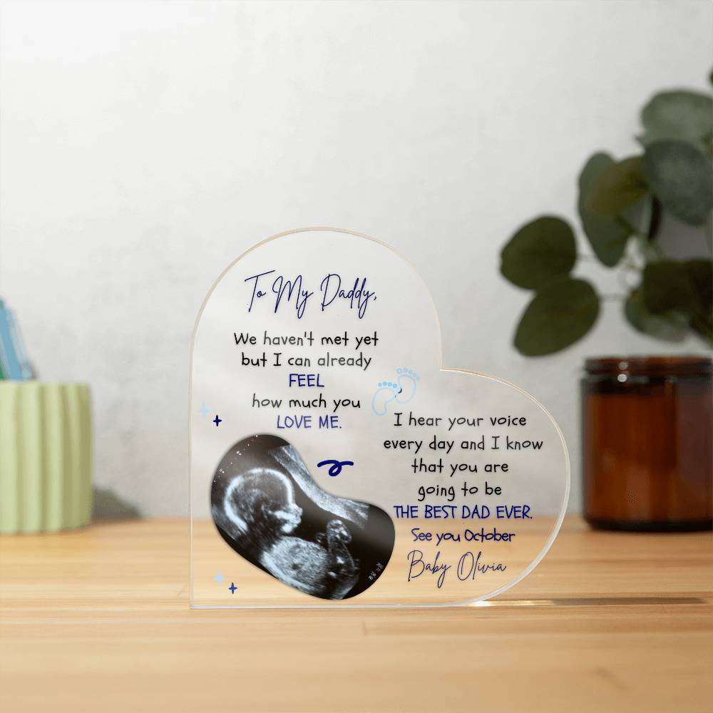 The Ultimate Keepsake for Dads-To-Be: Personalized Heart Acrylics with Baby's Name, Due Date and a Message From the Bump