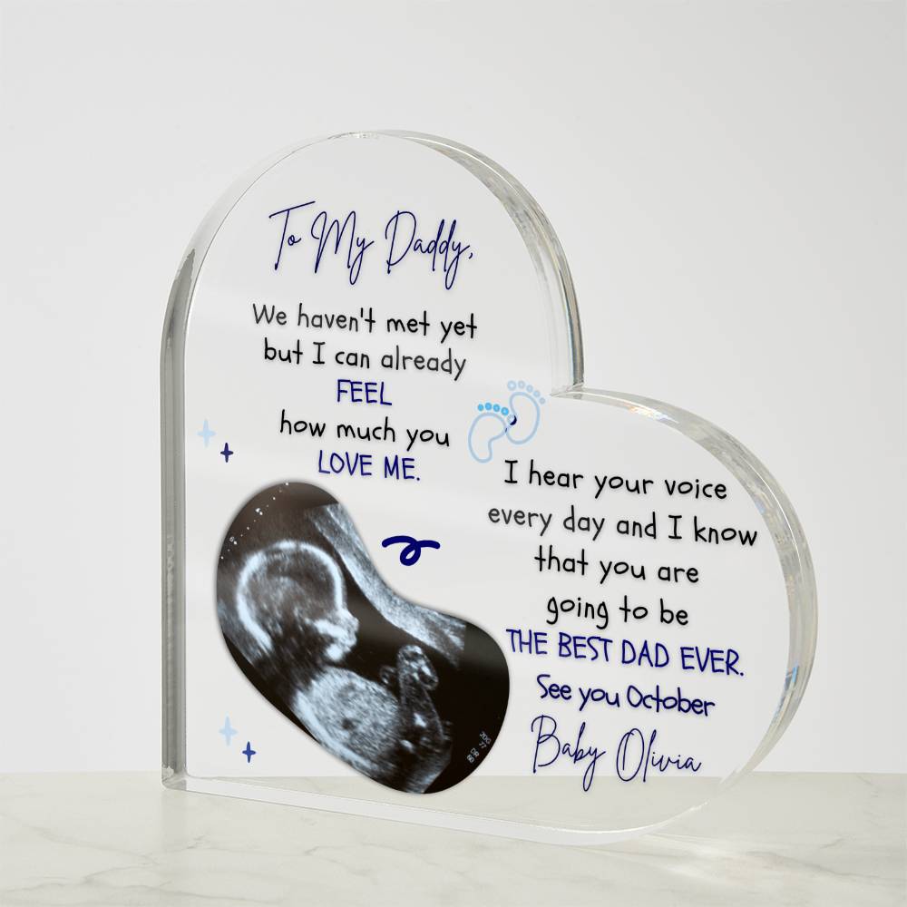 The Ultimate Keepsake for Dads-To-Be: Personalized Heart Acrylics with Baby's Name, Due Date and a Message From the Bump