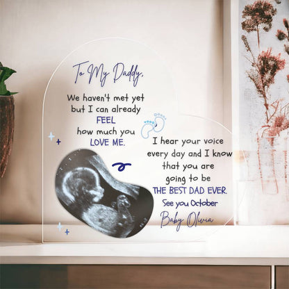 The Ultimate Keepsake for Dads-To-Be: Personalized Heart Acrylics with Baby's Name, Due Date and a Message From the Bump