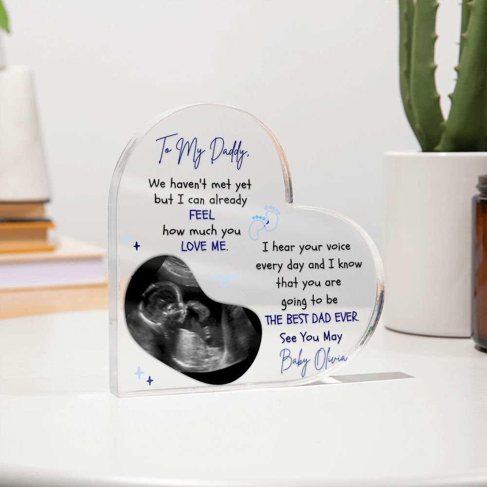 The Ultimate Keepsake for Dads-To-Be: Personalized Heart Acrylics with Baby's Name, Due Date and a Message From the Bump