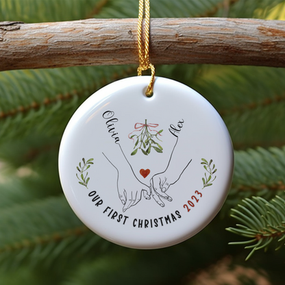 Two-Sided Love Ornament - Married, Engaged, Dating Couple Christmas Gift with Pinky Promise & Personal Photo, Ceramic